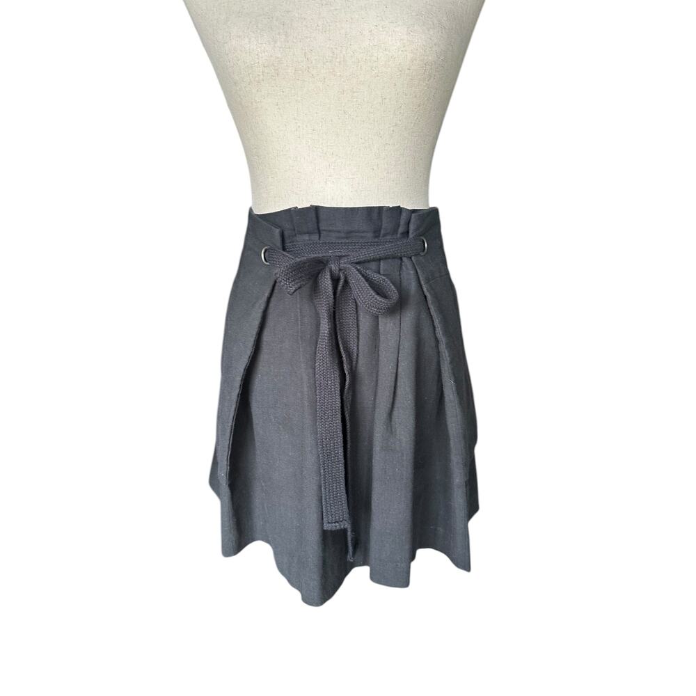BCBGMAXAZRIA Paperbag Waist Mini Skirt Black Linen Blend Tie Belt M